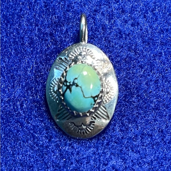 Vintage 1” Turquoise and Sterling Pendant. Hallmarked  FREE Shipping - Picture 4 of 6